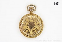 Goldene Damentaschen-Sprungdeckeluhr, mit 3 Sprungdeckeln, 14 Karat Gold, Waltham. 31,73 g. Ziffernblatt leicht beschädigt, sonst sehr guter Zustand.