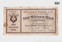 Weimarer Republik, Zeit der Hyperinflation, Konv. von 2 Geldscheinen: 5 Millionen Mark, 20. August 1923, der Elektrizitätswerk Rheinhessen AG. Dazu 20...