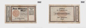 Weimarer Republik, Konv. von 7 Geldscheinen der Stadt Worms (1919 und 1923), darunter 10 Mark, 15. Oktober 1918 Serie II und 2 Milliarden Mark, 15. Ok...