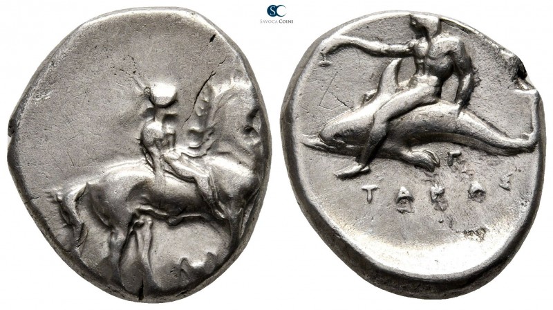 Calabria. Tarentum circa 380-340 BC. 
Nomos AR

22 mm., 7,81 g.

Nude youth...