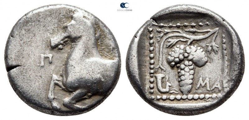 Thrace. Maroneia. ΠΛ- (Pl-), magistrate circa 377-365 BC. 
Tetrobol AR

14 mm...
