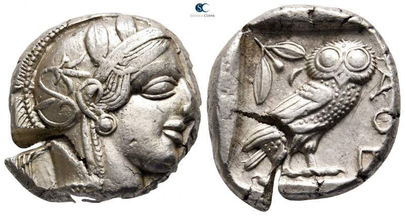 Attica. Athens circa 454-404 BC. 
Tetradrachm AR

24 mm., 17,24 g.

Head of...