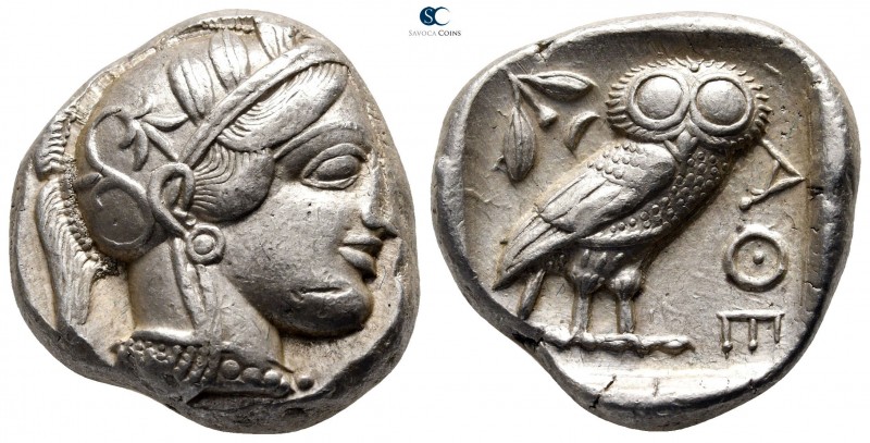 Attica. Athens circa 454-404 BC. 
Tetradrachm AR

24 mm., 17,20 g.

Head of...