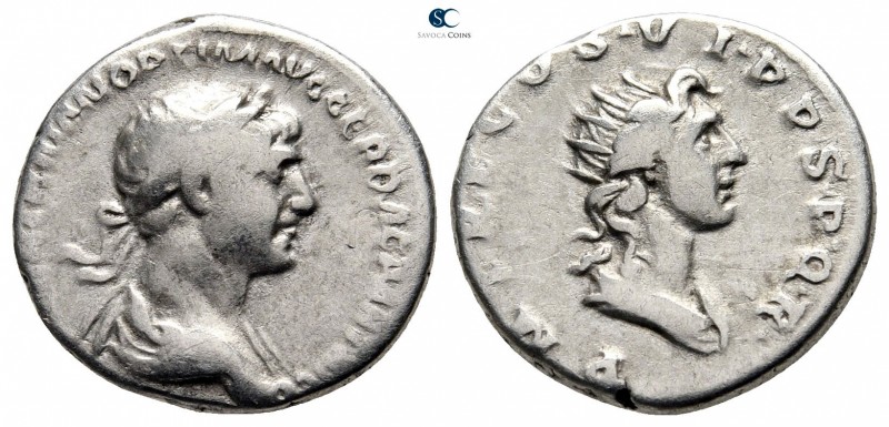 Trajan AD 98-117. Rome
Denarius AR

17 mm., 3,51 g.

[IMP CAES NER T]RAIAN ...