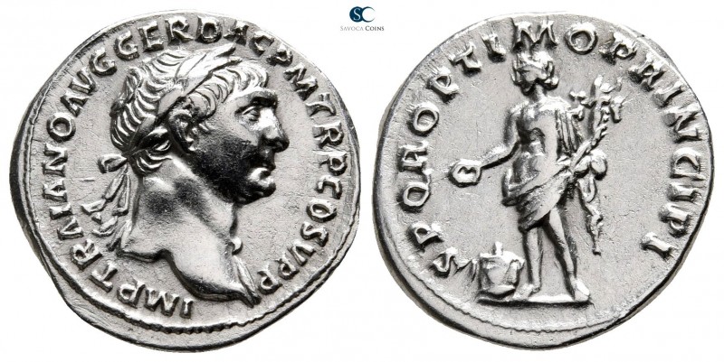 Trajan AD 98-117. Struck AD 106-107. Rome
Denarius AR

18 mm., 3,36 g.

IMP...