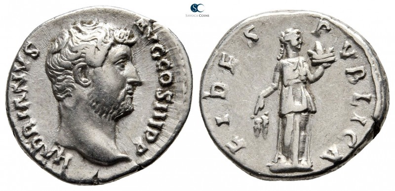Hadrian AD 117-138. Rome
Denarius AR

17 mm., 3,44 g.

HADRIANVS AVG COS II...