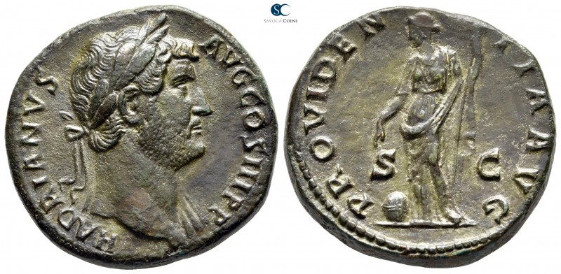 Hadrian AD 117-138. Rome
Sestertius Æ

30 mm., 24,14 g.

HADRIANVS AVG COS ...