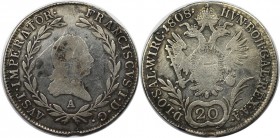 20 Kreuzer 1808 A
RDR – Habsburg – Österreich, RÖMISCH-DEUTSCHES REICH. Franz II.(I.) (1792-1806). 20 Kreuzer 1808 A, Silber. KM 2141. Schön+