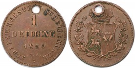 1 Dreiling 1850 TA HL
Altdeutsche Münzen und Medaillen, SCHLESWIG - HOLSTEIN. 1 Dreiling 1850 TA HL, Kupfer. KM 160. Sehr schön, Loch