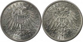 2 Mark 1906 A
Deutsche Münzen und Medaillen ab 1871, REICHSSILBERMÜNZEN, Lübeck. 2 Mark 1906 A, Silber. Jaeger 81. Stempelglanz