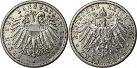 2 Mark 1907 A
Deutsche Münzen und Medaillen ab 1871, REICHSSILBERMÜNZEN, Lübeck. 2 Mark 1907 A, Silber. Jaeger 81. Vorzüglich