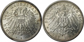 3 Mark 1909 A
Deutsche Münzen und Medaillen ab 1871, REICHSSILBERMÜNZEN, Lübeck. 3 Mark 1909 A, Silber. Jaeger 82. Stempelglanz, feine Patina