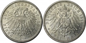 3 Mark 1913 A
Deutsche Münzen und Medaillen ab 1871, REICHSSILBERMÜNZEN, Lübeck. 3 Mark 1913 A, Silber. Jaeger 82. Vorzüglich-stempelglanz