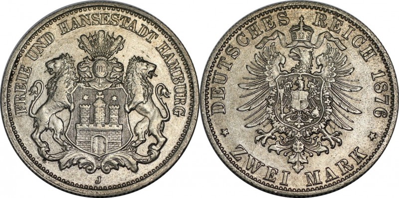 2 Mark 1876 J
Deutsche Münzen und Medaillen ab 1871, REICHSSILBERMÜNZEN, Hambur...