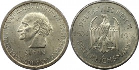3 Reichsmark 1931 A
Deutsche Münzen und Medaillen ab 1871, WEIMARER REPUBLIK. 100. Todestag Freiherr von Stein. 3 Reichsmark 1931 A, Silber. Jaeger 3...