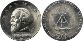 20 Mark 1968 A
Deutsche Münzen und Medaillen ab 1945, Deutsche Demokratische Republik bis 1990. 20 Mark 1968 A, Zum 150. Geburtstag von Karl Marx. Si...
