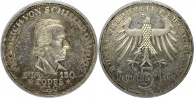 5 Mark 1955 F
Deutsche Münzen und Medaillen ab 1945, BUNDESREPUBLIK DEUTSCHLAND. 5 Mark 1955 F, Zum 150. Todestag von Friedrich von Schiller. Silber....