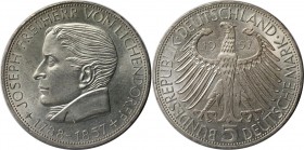 5 Mark 1957 J
Deutsche Münzen und Medaillen ab 1945, BUNDESREPUBLIK DEUTSCHLAND. 5 Mark 1957 J, 100. Todestag von Joseph Freiherr von Eichendorff. Si...