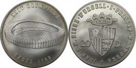 20 Diners 1988 
Europäische Münzen und Medaillen, Andorra. Olympische Sommerspiele 1988 in Seoul - Stadion. 20 Diners 1988, Silber. KM 43. Stempelgla...