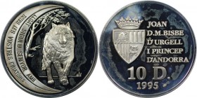 10 Diners 1995 
Europäische Münzen und Medaillen, Andorra. Wolf. 10 Diners 1995, Silber. 0.93 OZ. KM 113. Polierte Platte