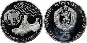 25 Leva 1990 
Europäische Münzen und Medaillen, Bulgarien / Bulgaria. Fussball WM 1990 in Italien - Fussballschuh. 25 Leva 1990, Silber. 0.7 OZ. KM 1...