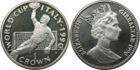 1 Crown 1990 
Europäische Münzen und Medaillen, Gibraltar. Weltcup-Fußball. 1 Crown 1990, Silber. 0.84 OZ. KM 35a. Polierte Platte