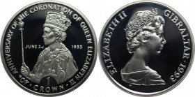 1 Crown 1993 
Europäische Münzen und Medaillen, Gibraltar. Krönung von Elisabeth II. 1 Crown 1993, Silber. 0.84 OZ. KM 143a. Polierte Platte.