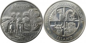 1000 Kronur 1974 
Europäische Münzen und Medaillen, Island / Iceland. 1100 Jahre Erstbesiedlung. 1000 Kronur 1974, Silber. KM 21. Stempelglanz