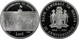 5 Liri 1988 
Europäische Münzen und Medaillen, Malta. 20 Jhare Zentralbank. 5 Liri 1988, Silber. 0.84 OZ. KM 87. Polierte Platte