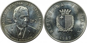 2 Liri 1989 
Europäische Münzen und Medaillen, Malta. 25. Jahrestag der Unabhängigkeit. 2 Liri 1989, Silber. 0.51 OZ. KM 88. Stempelglanz
