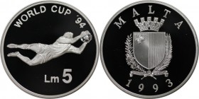 5 Liri 1993 
Europäische Münzen und Medaillen, Malta. XV. Fussball-Weltmeisterschaft 1994 in den USA. 5 Liri 1993, Silber. 0.84 OZ. KM 107. Polierte ...