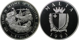 5 Liri (10 Ecu) 1993 
Europäische Münzen und Medaillen, Malta. Drei Schiffe. 5 Liri (10 Ecu) 1993, Silber. 0.74 OZ. KM 104. Polierte Platte