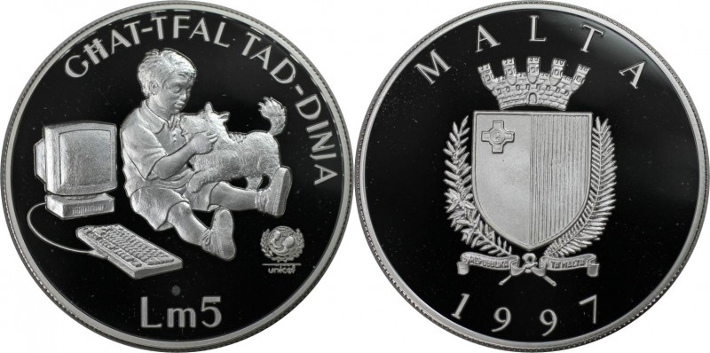 5 Liri 1997 
Europäische Münzen und Medaillen, Malta. UNICEF. 5 Liri 1997, Silb...