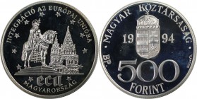 500 Forint 1994 
Europäische Münzen und Medaillen, Ungarn / Hungary. 500 Forint 1994, Silber. 0.93 OZ. KM 710. Polierte Platte