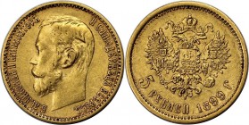 5 Rubel 1899 FZ
Russische Münzen und Medaillen, Nikolaus II. (1894-1918). 5 Rubel 1899 FZ, Gold. 4.28 g. 0.12 OZ. KM 62. Sehr schön