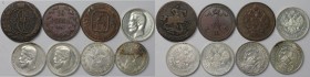 Lot von 8 Münzen 1763 - 1922 
Russische Münzen und Medaillen, Lots und Samllungen Russische Münzen und Medaillen. 1 Rubel 1924, 2 Kopeken 1763 MM, 10...