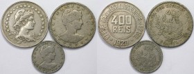 Lot von 3 Münzen 1901 - 1920 
Weltmünzen und Medaillen, Brasilien / Brazil, Lots und Sammlungen. 100 Reis 1901 (KM 503), 400 Reis 1920 (KM 505), 400 ...