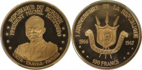100 Francs 1967 
Weltmünzen und Medaillen, Burundi. Präsident Michel Micombero. 100 Francs 1967, Gold. KM 15. PCGS PR66 DCAM