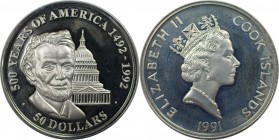 50 Dollars 1991 
Weltmünzen und Medaillen, Cookinseln / Cook Islands. Serie: 500 Jahre Amerika - Abraham Lincoln. 50 Dollars 1991, Silber. 1.0 OZ. KM...