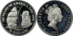 50 Dollars 1993 
Weltmünzen und Medaillen, Cookinseln / Cook Islands. Serie: 500 Jahre Amerika - John Hawkins. 50 Dollars 1993, Silber. 0.93 OZ. KM 1...