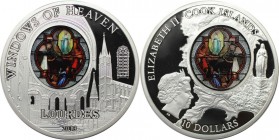 10 Dollars 2013 
Weltmünzen und Medaillen, Cookinseln / Cook Islands. "WINDOWS OF HEAVEN" LOURDES. 10 Dollars 2013, 0.925 Silber. 50 g. 50 mm. Proofl...