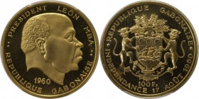 100 Francs 1960 
Weltmünzen und Medaillen, Gabun / Gabon. Präsident Leon M'Ba. 100 Francs 1960, Gold. KM 4. PCGS PR65 DCAM