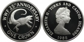 1 Crown 1988 
Weltmünzen und Medaillen, Turks und Caicos Inseln / Turks and Caicos Islands. 25 Jahre WWF - Leguan. 1 Crown 1988, Silber. 0.84 OZ. KM ...