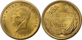 50 Kurush 1923 / 42 
Weltmünzen und Medaillen, Türkei / Turkey. 50 Kurush 1923 / 42, Gold. 1.06 OZ. 3.61 g. KM 853. Fast Stempelglanz