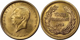 50 Kurush 1923 / 50 
Weltmünzen und Medaillen, Türkei / Turkey. 50 Kurush 1923 / 50, Gold. 1.06 OZ. 3.61 g. KM 853. Stempelglanz