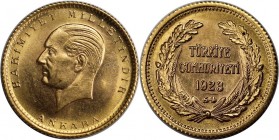 50 Kurush 1923 / 54 
Weltmünzen und Medaillen, Türkei / Turkey. 50 Kurush 1923 / 54, Gold. 1.06 OZ. 3.61 g. KM 853. Stempelglanz
