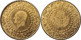 25 Kurush 1973 
Weltmünzen und Medaillen, Türkei / Turkey. 25 Kurush 1973, Gold. 0.51 OZ. 1.75 g. KM 870. Fast Stempelglanz
