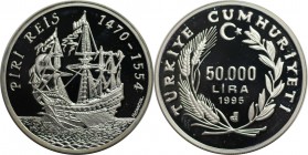 50000 Lira 1995 
Weltmünzen und Medaillen, Türkei / Turkey. Segelschiff "Piri Reis". 50000 Lira 1995, Silber. 0.69 OZ. KM 1038. Polierte Platte