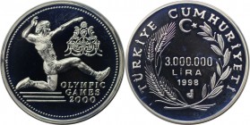 3000000 Lira 1998 
Weltmünzen und Medaillen, Türkei / Turkey. "2000 Olympia-Serie - Weitsprung". 3000000 Lira 1998, Silber. 0.94 OZ. KM 1107. Poliert...