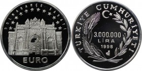 3000000 Lira 1998 
Weltmünzen und Medaillen, Türkei / Turkey. " Dolmabahce Palace". 3000000 Lira 1998, Silber. 0.94 OZ. Polierte Platte